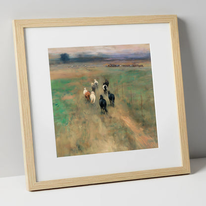 Following the Herd wild horses art print in natural frame
