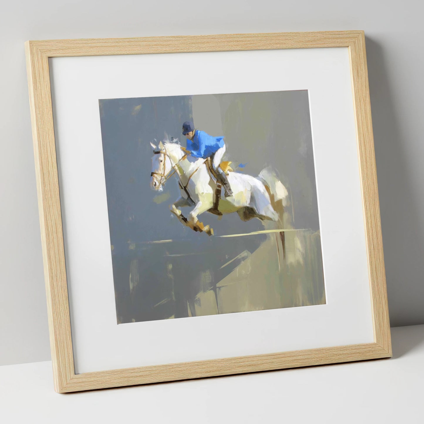 Suspension in Slate show jumping horse art print in natural frame