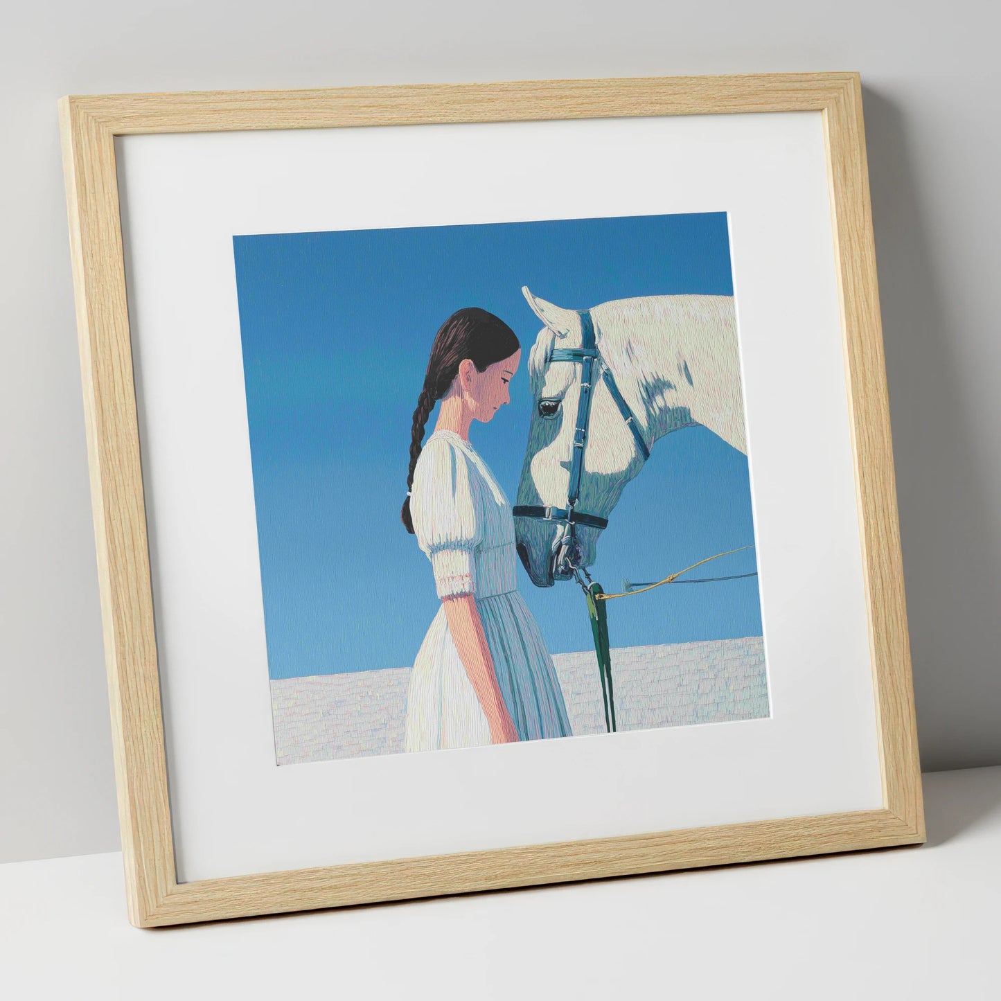 Silent Dialogue horse & rider art print in natural frame