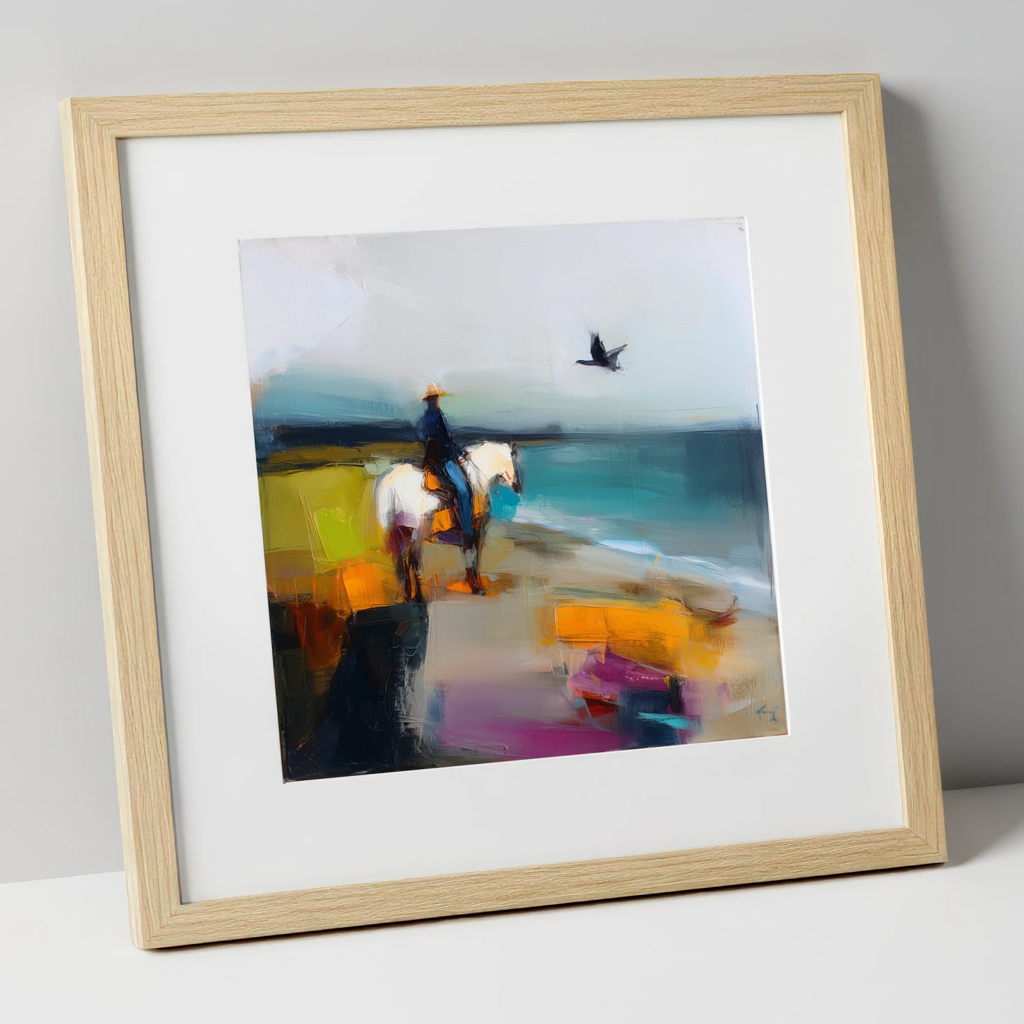Vibrant Shoreline Hack beach horse art print in natural frame