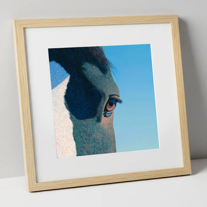 Stillness in Blue horse portrait art print in natural frame