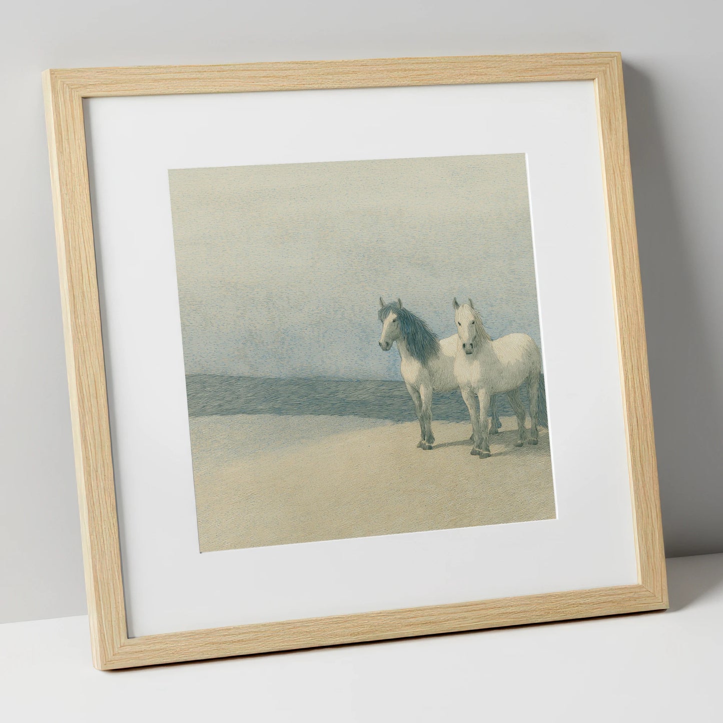 Slate Blue Companions horse landscape art print in natural frame
