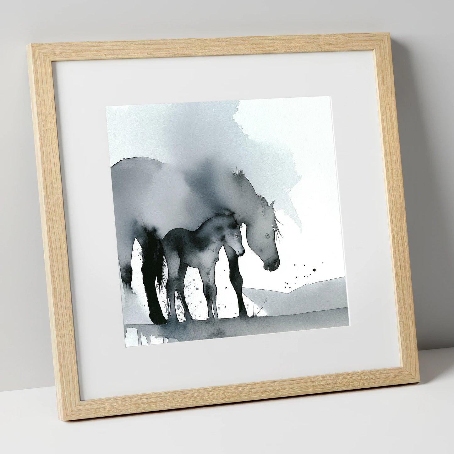 Gentle Shadows mare & foal art print in natural frame