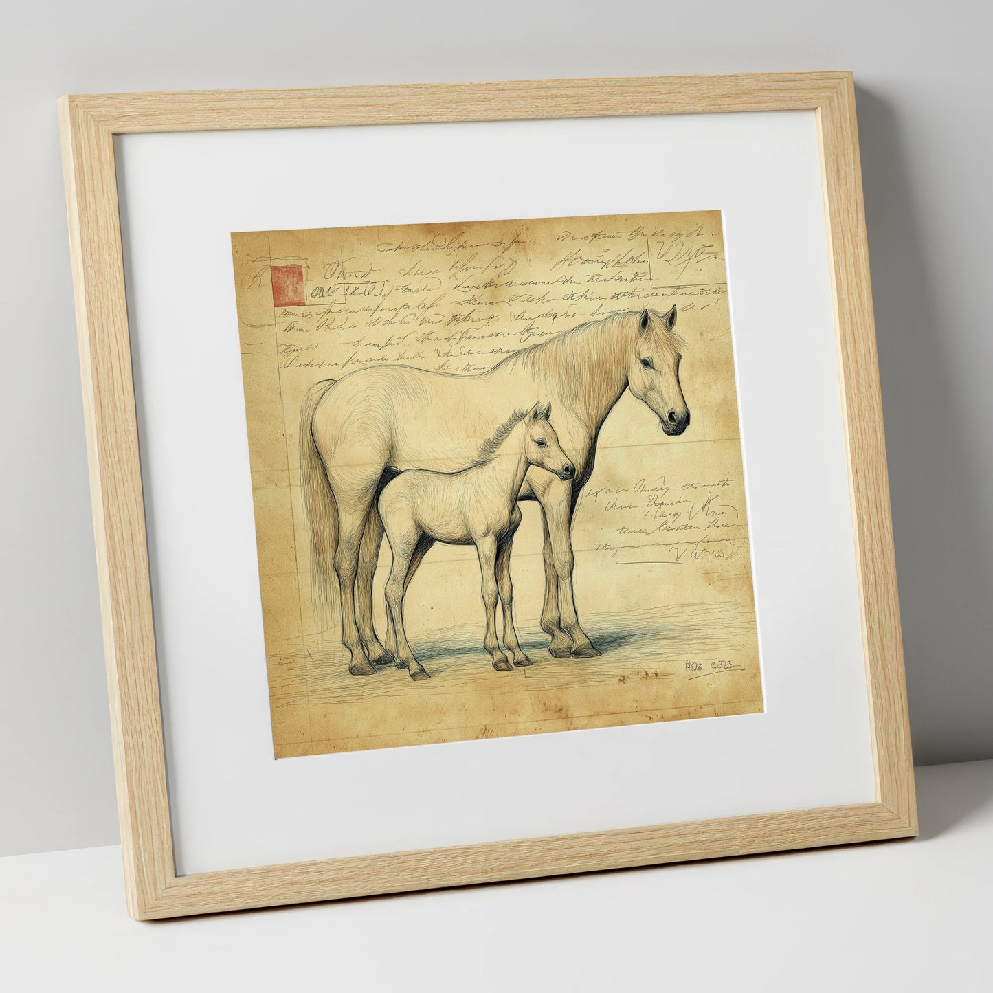 Heritage Equine Study mare & foal art print in natural frame