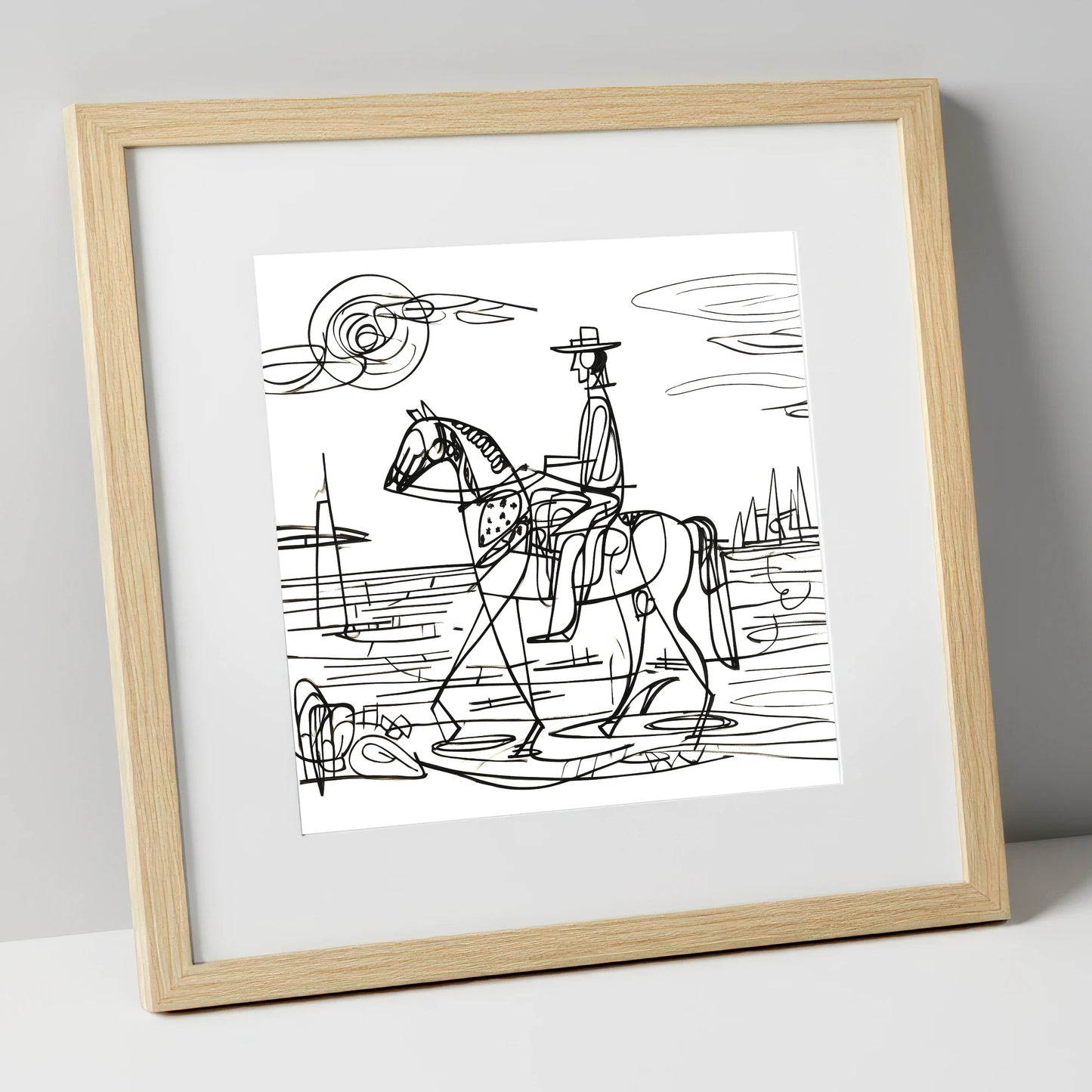 Abstract Coastal Ride beach horse art print in natural frame