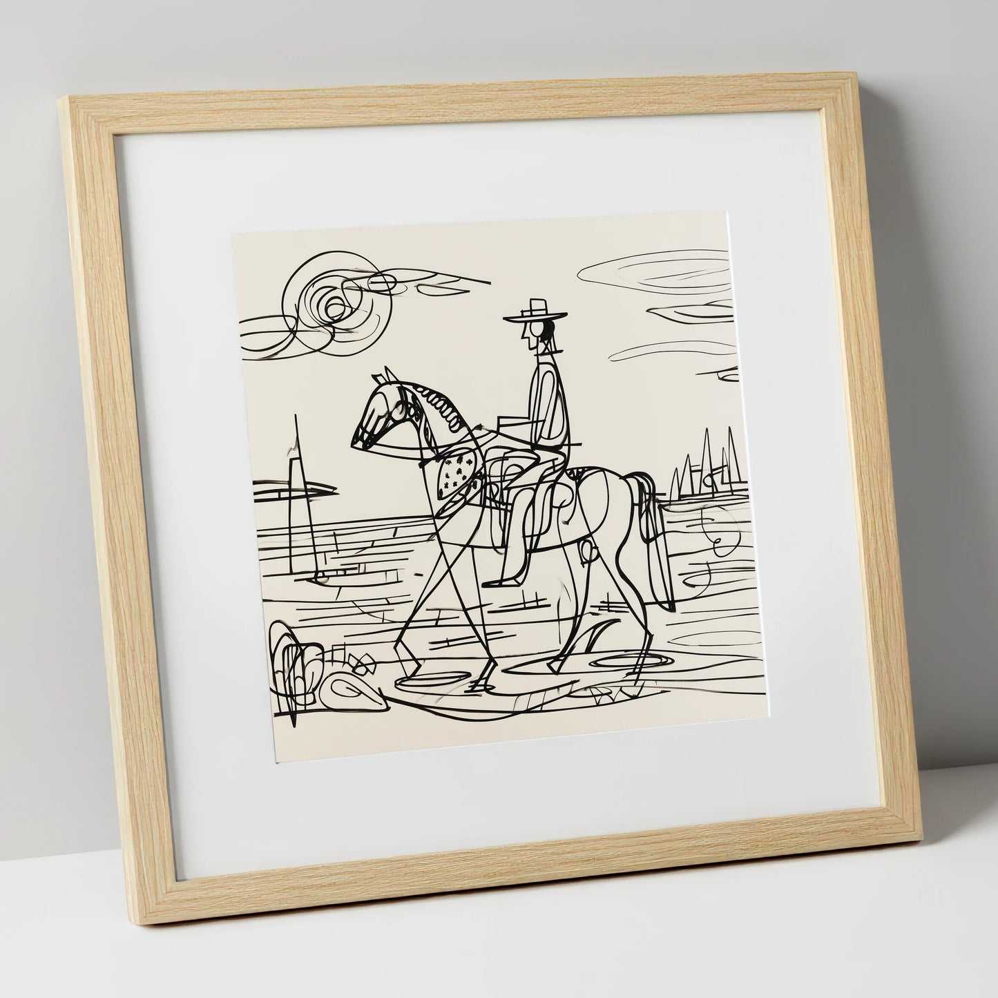 Abstract Coastal Ride beach horse art print in natural frame
