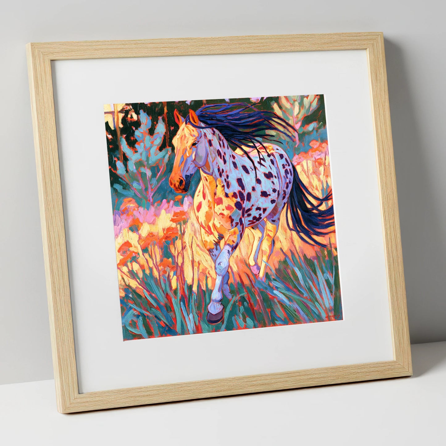 Colourful Appaloosa at Canter horse breed art print in natural frame