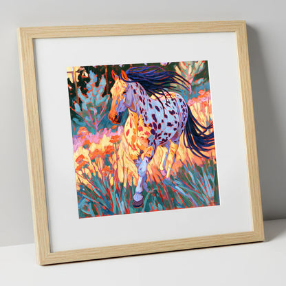 Colourful Appaloosa at Canter horse breed art print in natural frame