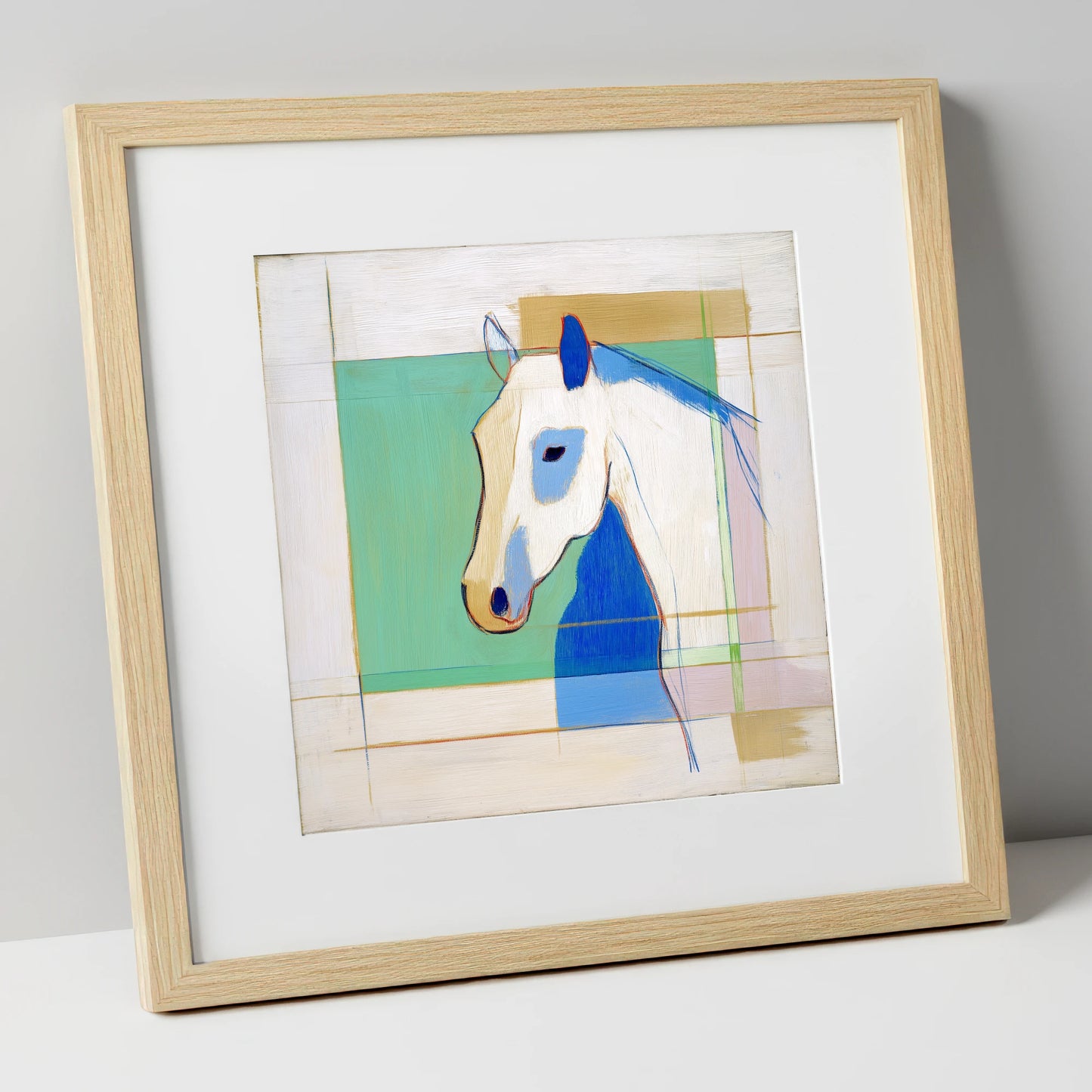 Geometric Azure Equine horse portrait art print in natural frame