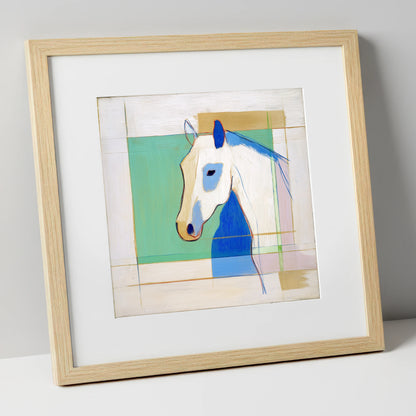 Geometric Azure Equine horse portrait art print in natural frame