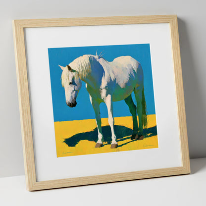 Sunlit Grey Horse Blue Sky horse breed art print in natural frame