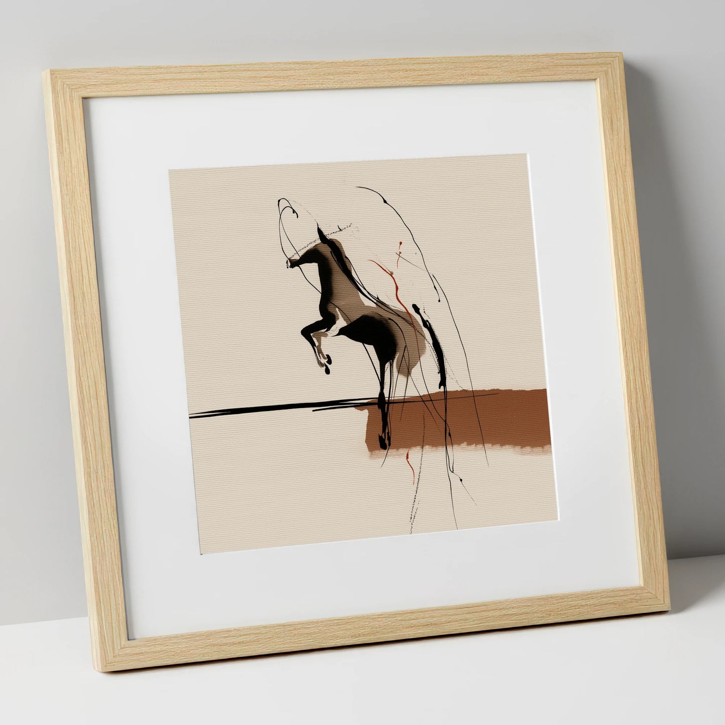 Untamed Sepia Silhouette horse portrait art print in natural frame