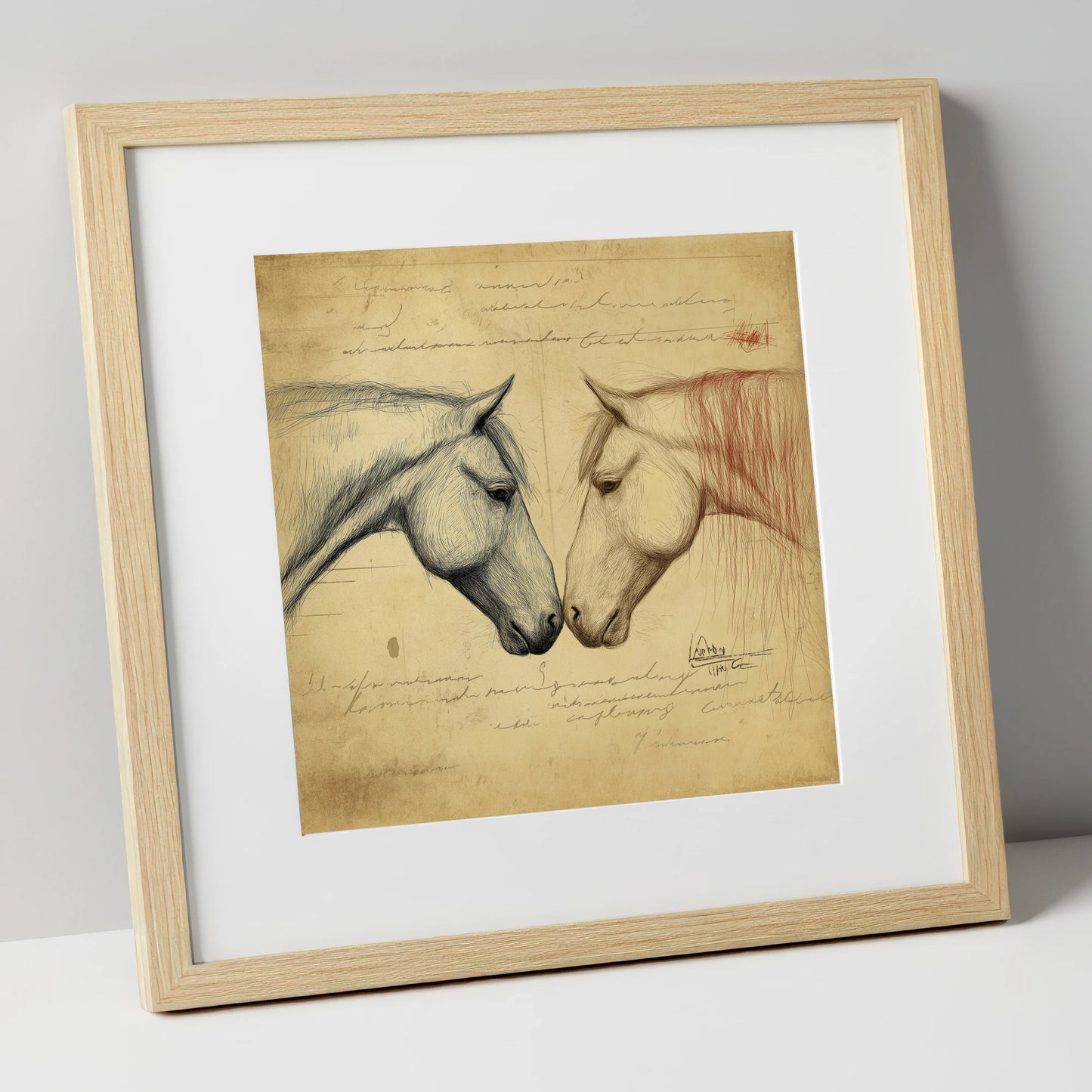 Vintage Equine Encounter horse portrait art print in natural frame