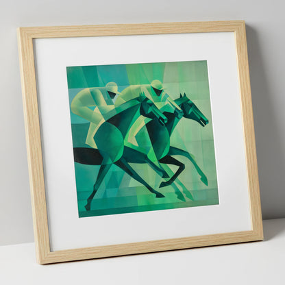 Emerald Racing Pace racing horse art print in natural frame