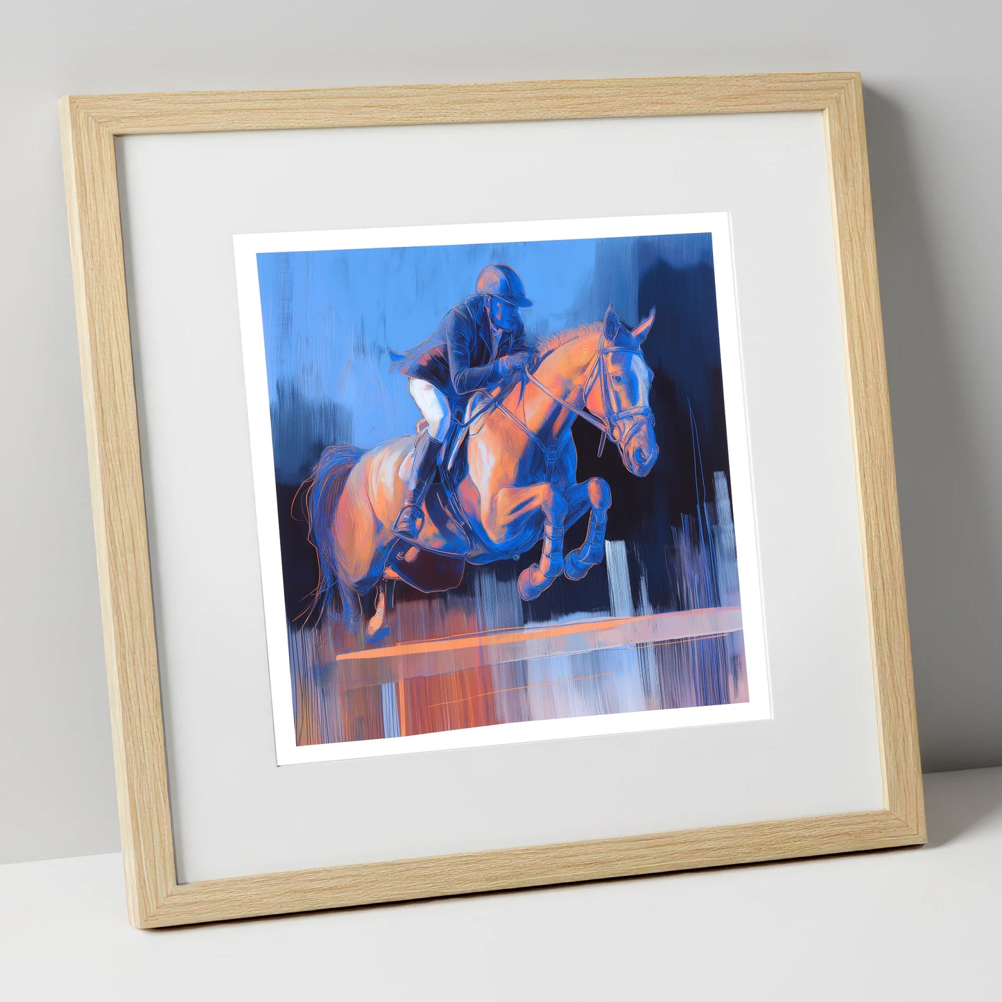Cobalt Ascent show jumping horse art print in natural frame