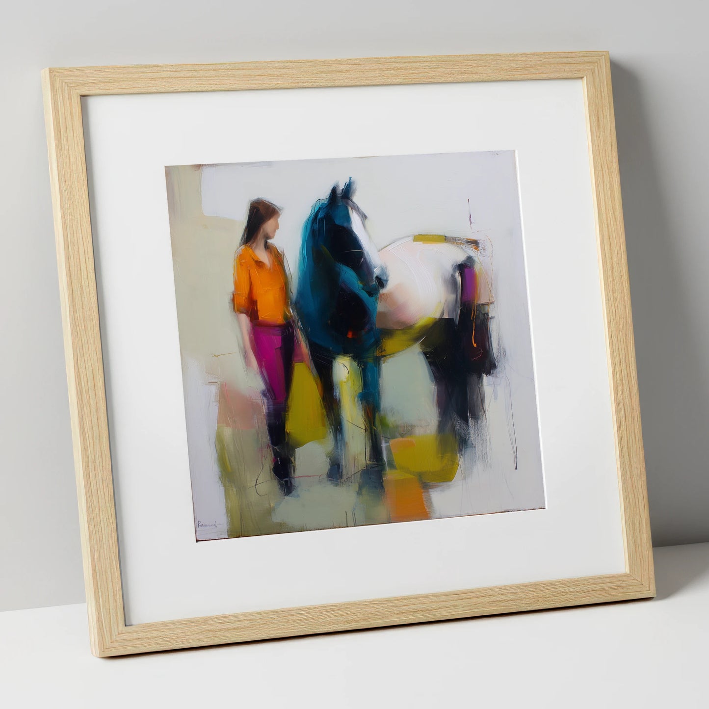 The Colour of Connection horse & rider art print in natural frame
