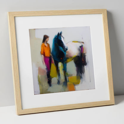 The Colour of Connection horse & rider art print in natural frame