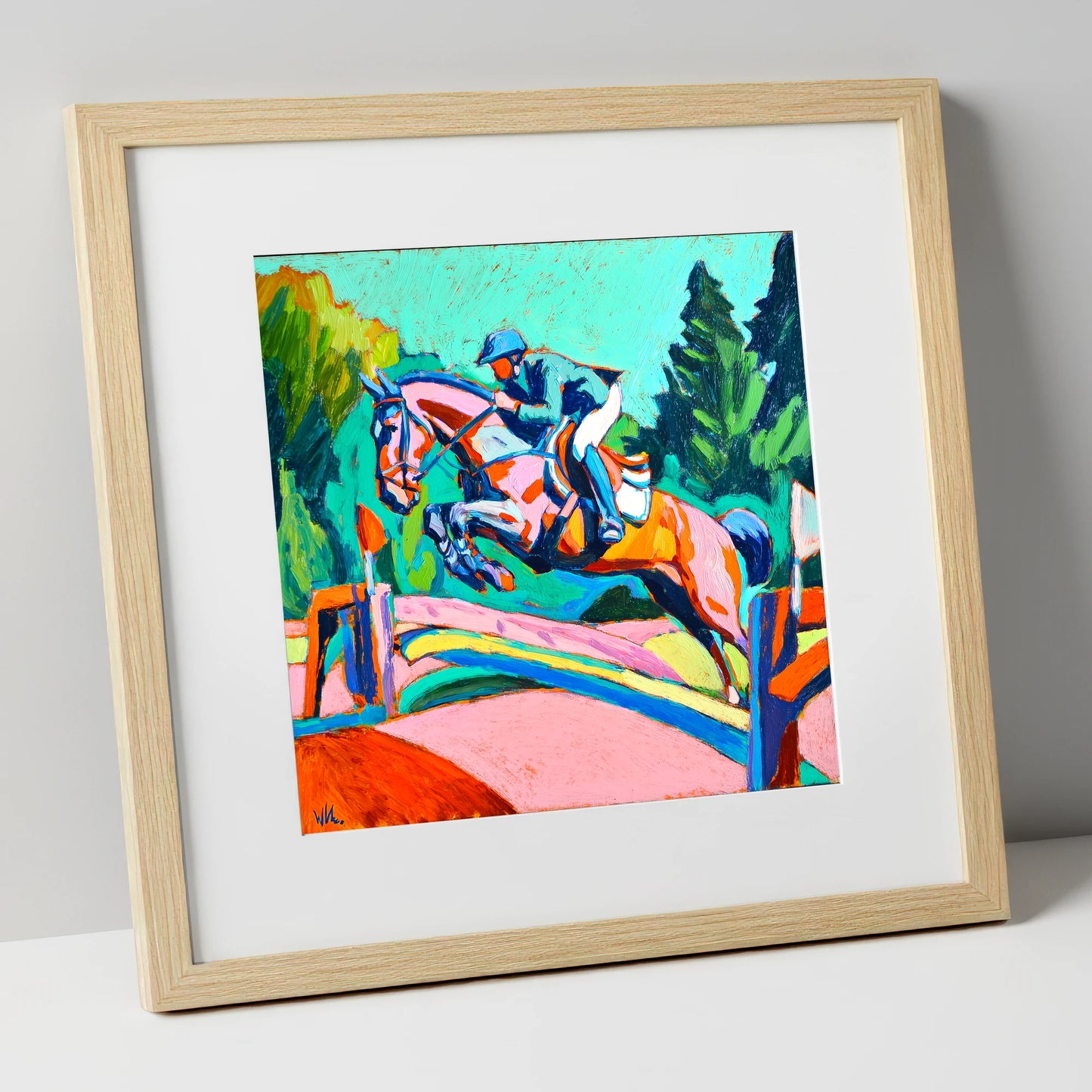 Technicolour Flight show jumping horse art print in natural frame