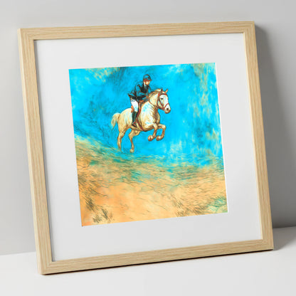 Flight in Cerulean show jumping horse art print in natural frame