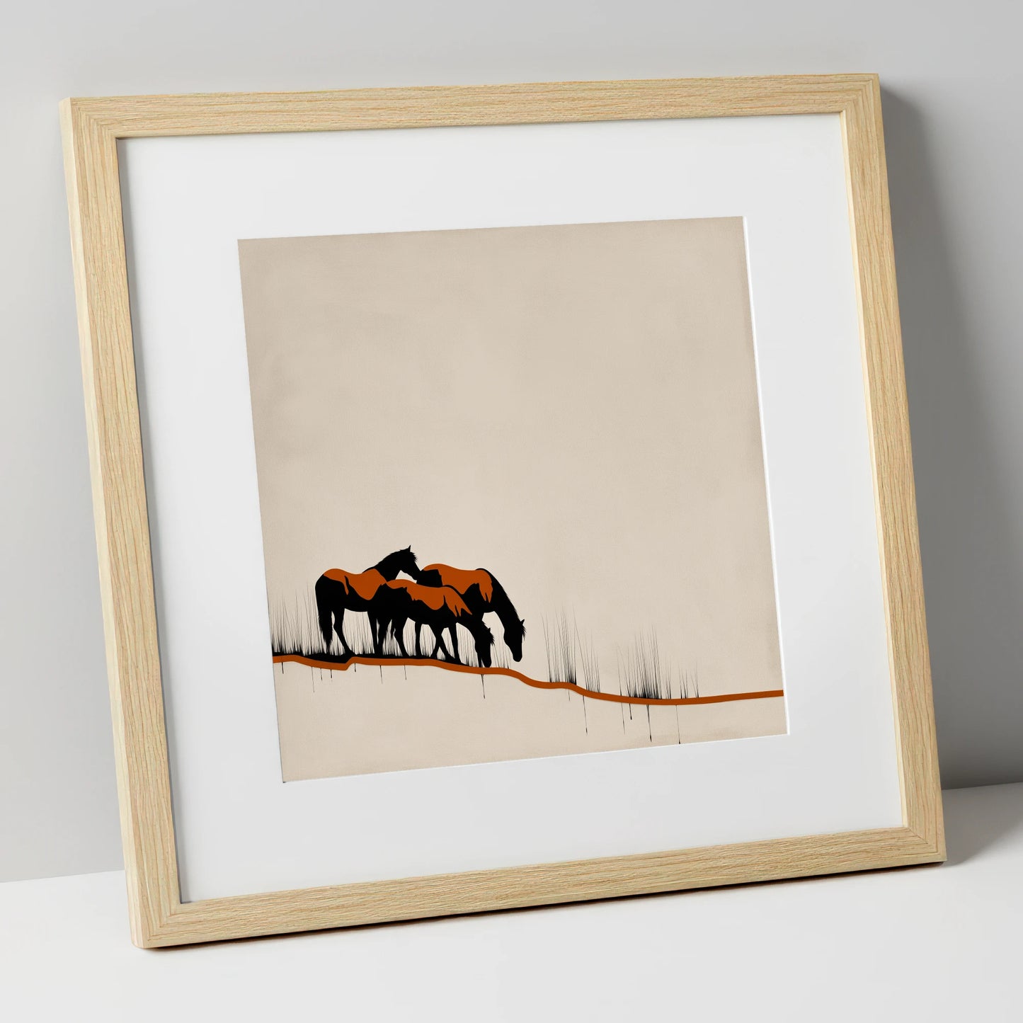 Copper and Ink Herd wild horses art print in natural frame