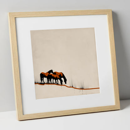 Copper and Ink Herd wild horses art print in natural frame