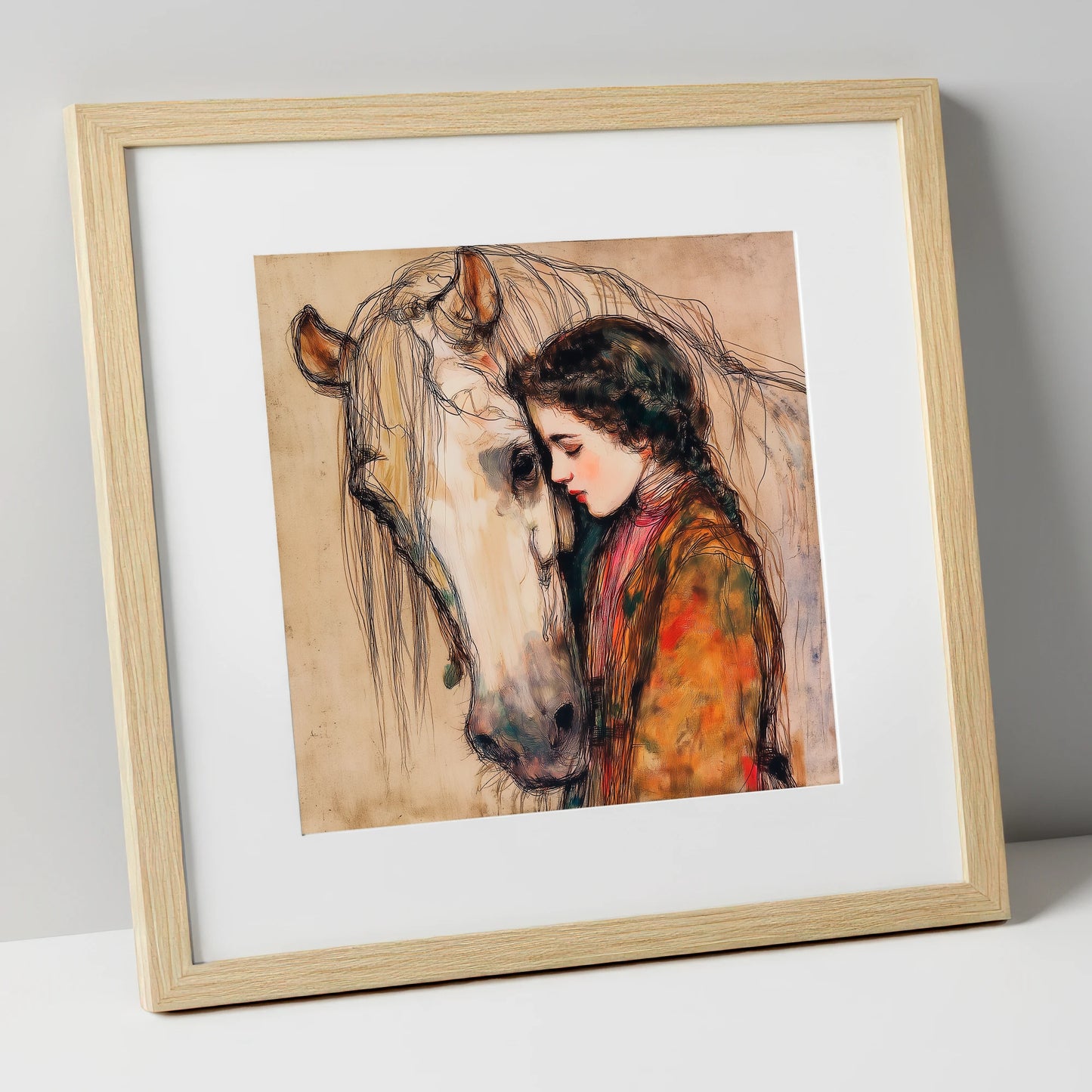 The Silent Language horse & rider art print in natural frame
