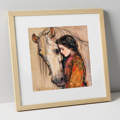 The Silent Language horse & rider art print in natural frame