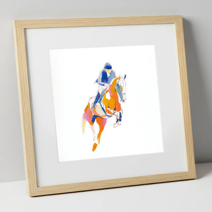 Vibrant Leap show jumping horse art print in natural frame