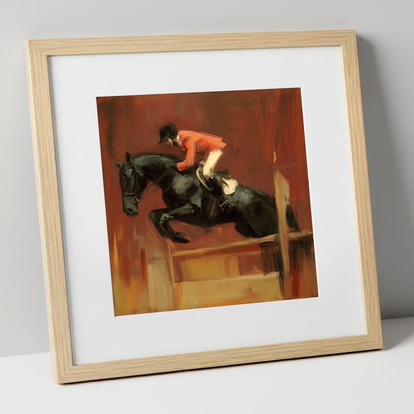 The Bold Leap show jumping horse art print in natural frame