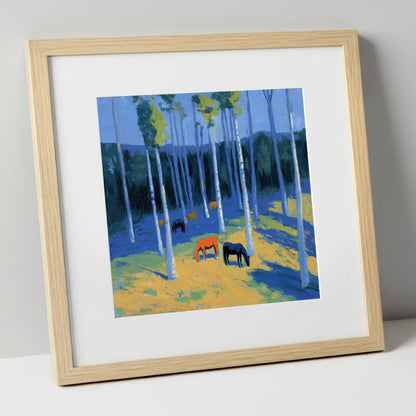 Golden Light in the Azure Grove horse landscape art print in natural frame