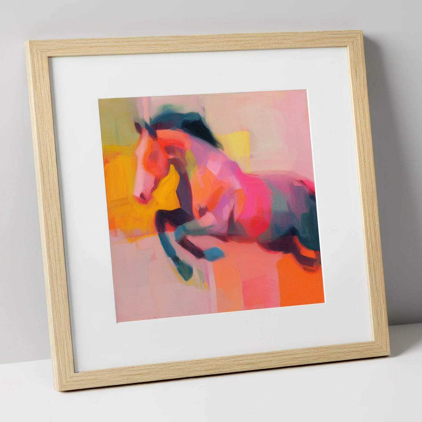 Fiery Leap show jumping horse art print in natural frame