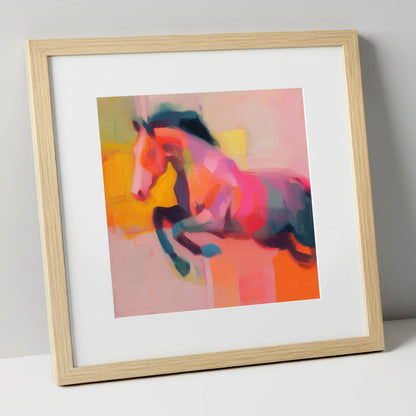 Fiery Leap show jumping horse art print in natural frame