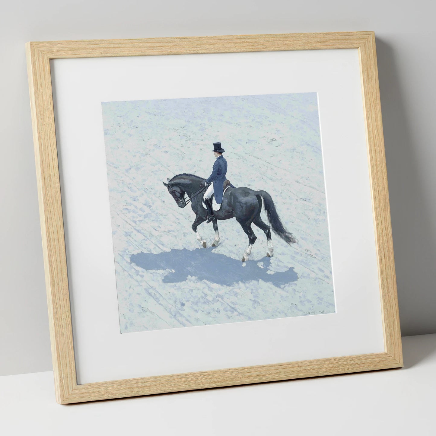 Focus and Shadow dressage horse art print in natural frame