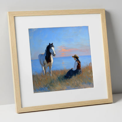 The Coastal Companion horse & rider art print in natural frame