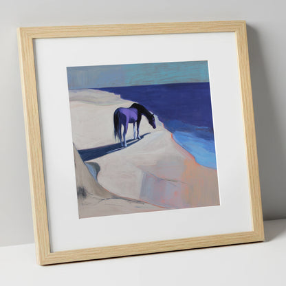 Indigo Coastal Solitude horse landscape art print in natural frame