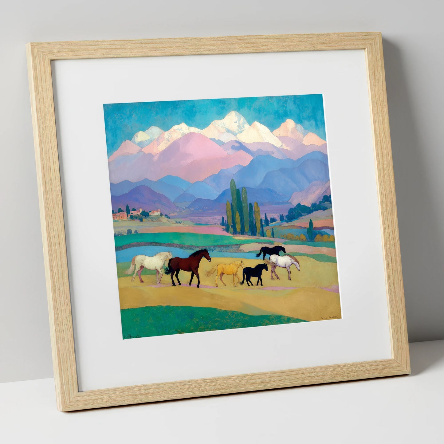 Vibrant Alpine Herd horse landscape art print in natural frame