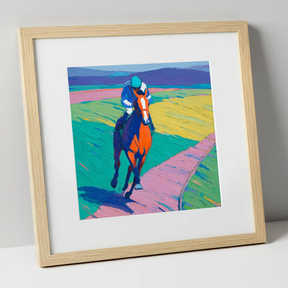 The Vivid Gallop racing horse art print in natural frame