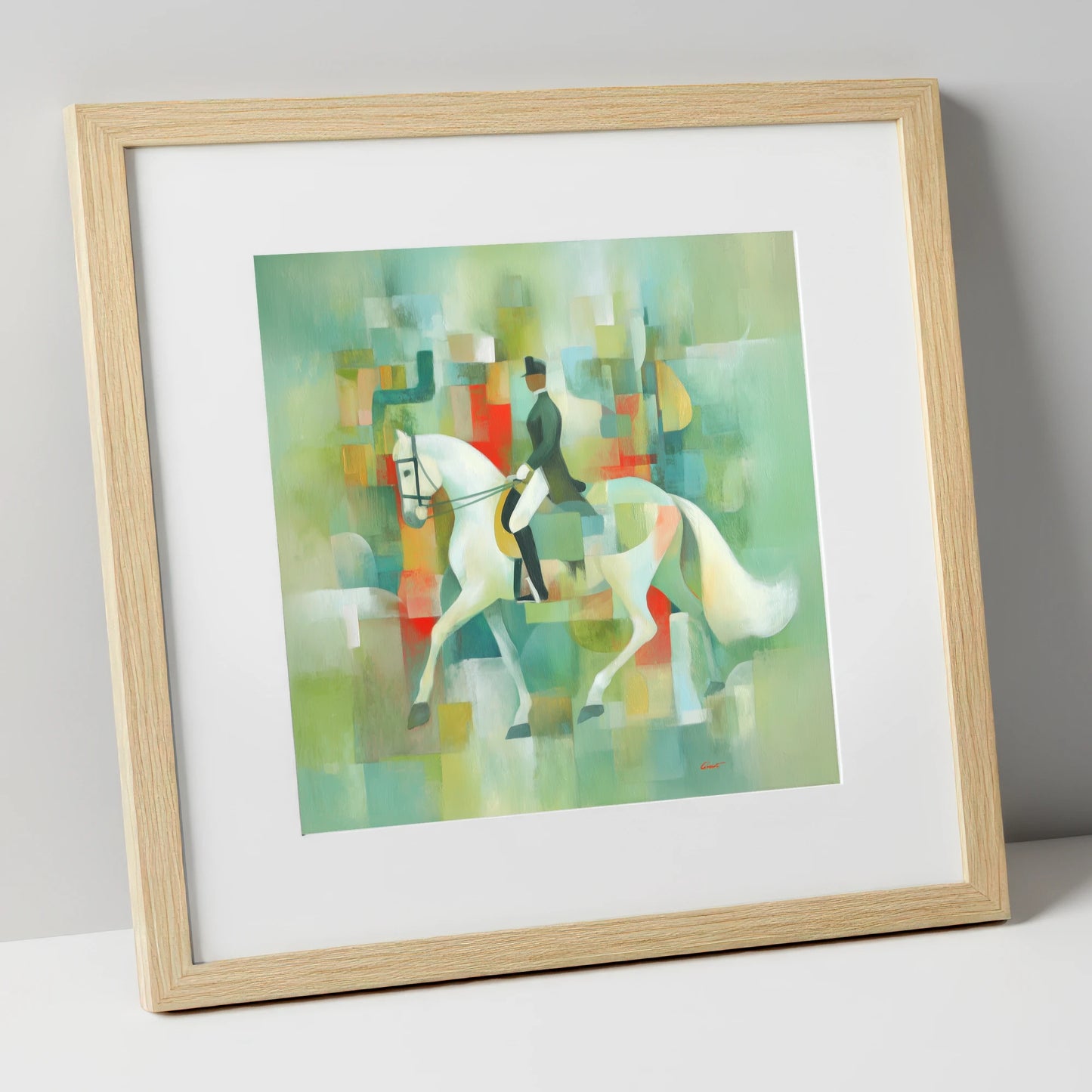 Modern Dressage Mosaic dressage horse art print in natural frame