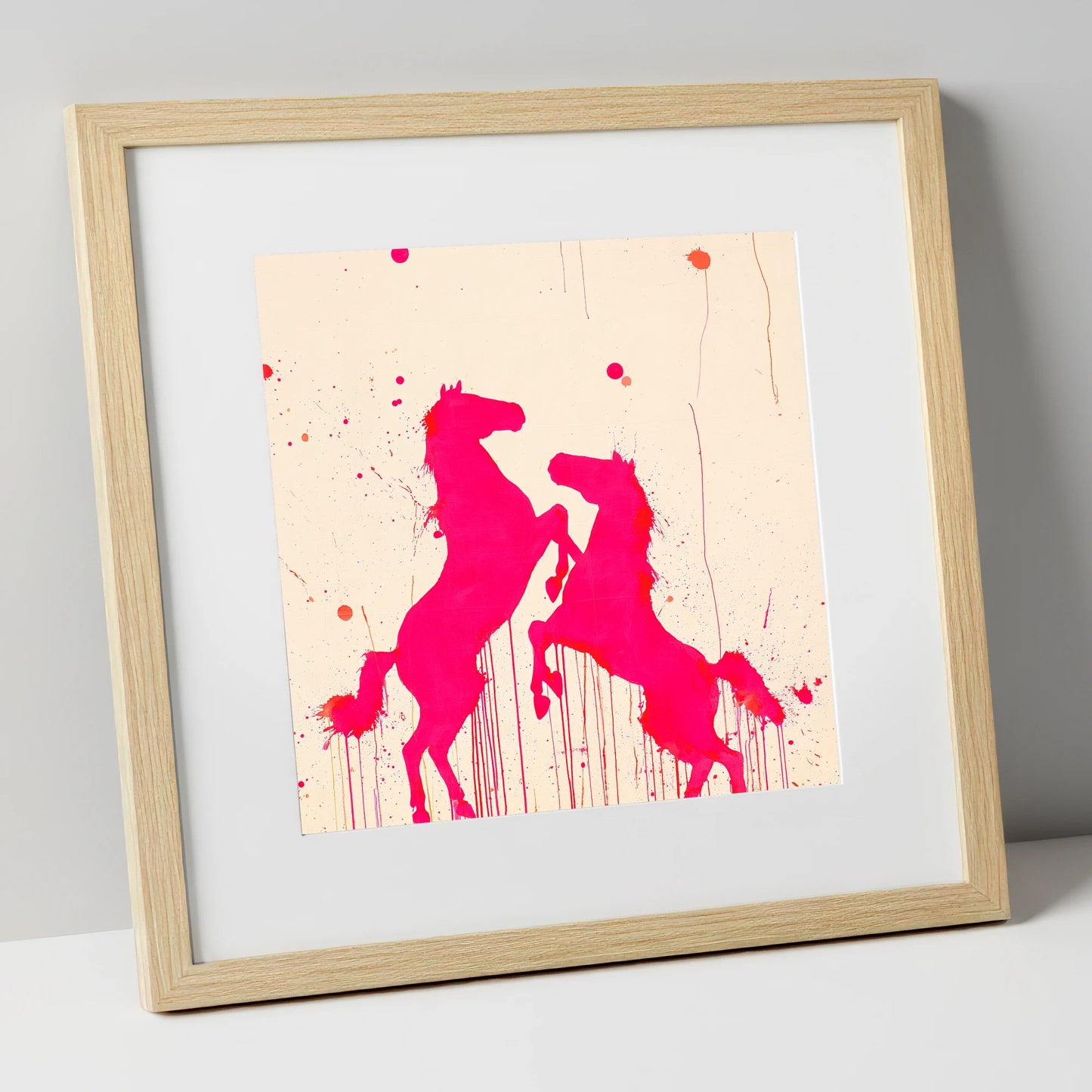 Magenta Equine Dance wild horses art print in natural frame