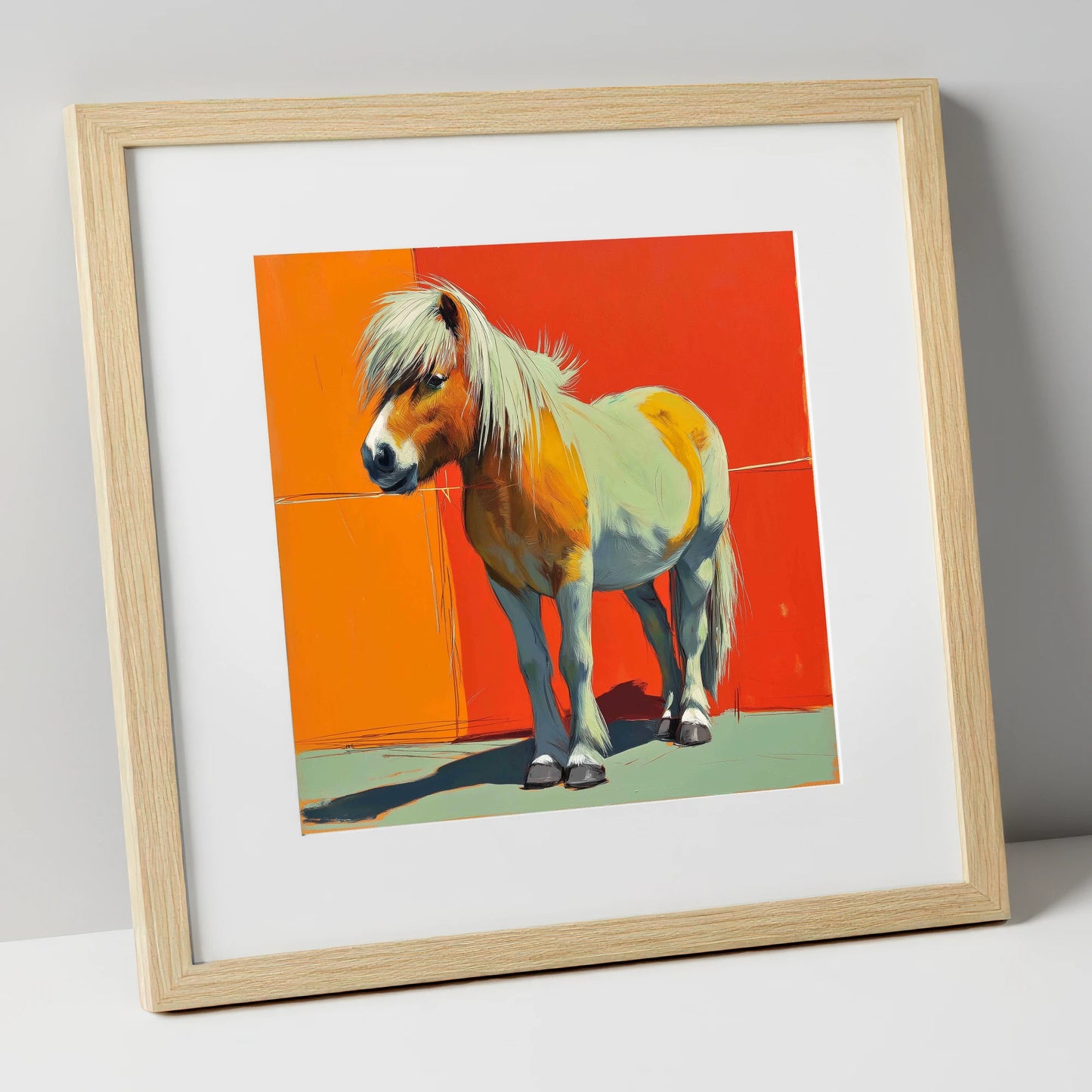 Vibrant Pony Portrait horse breed art print in natural frame