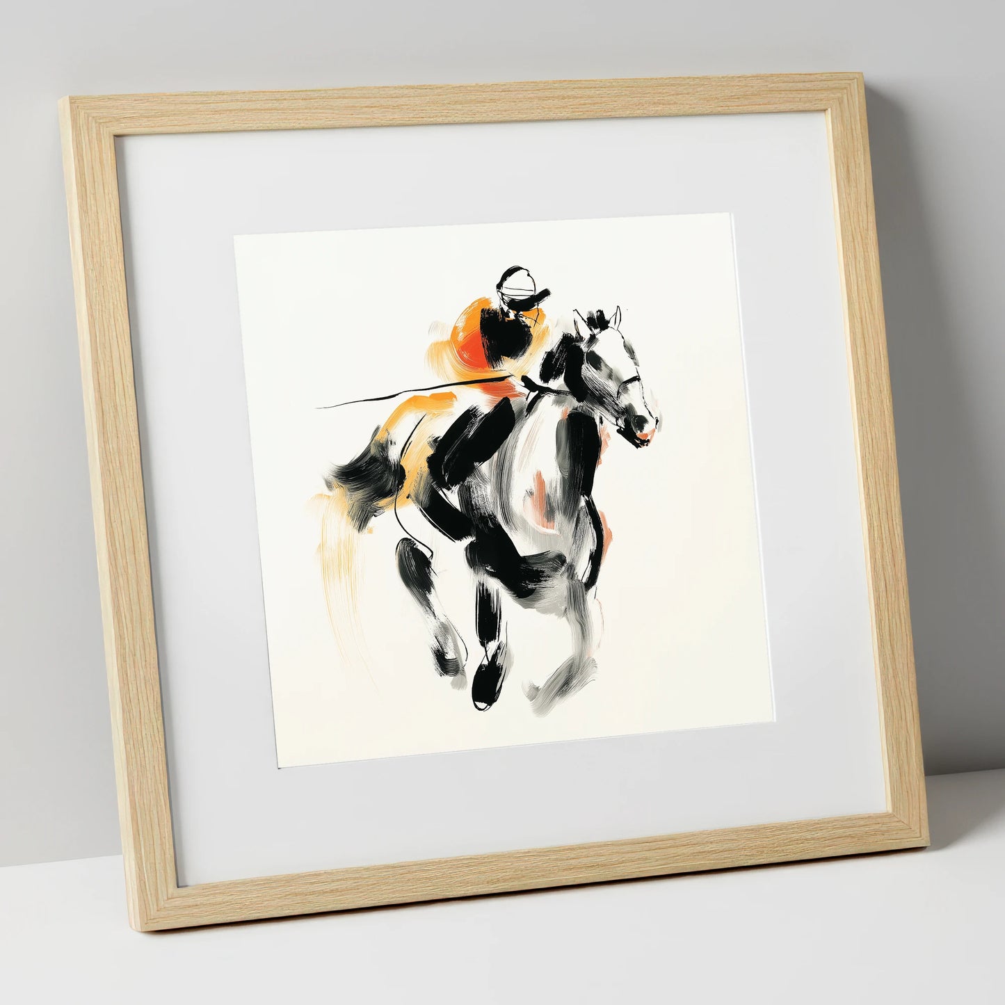 Flash of Amber racing horse art print in natural frame