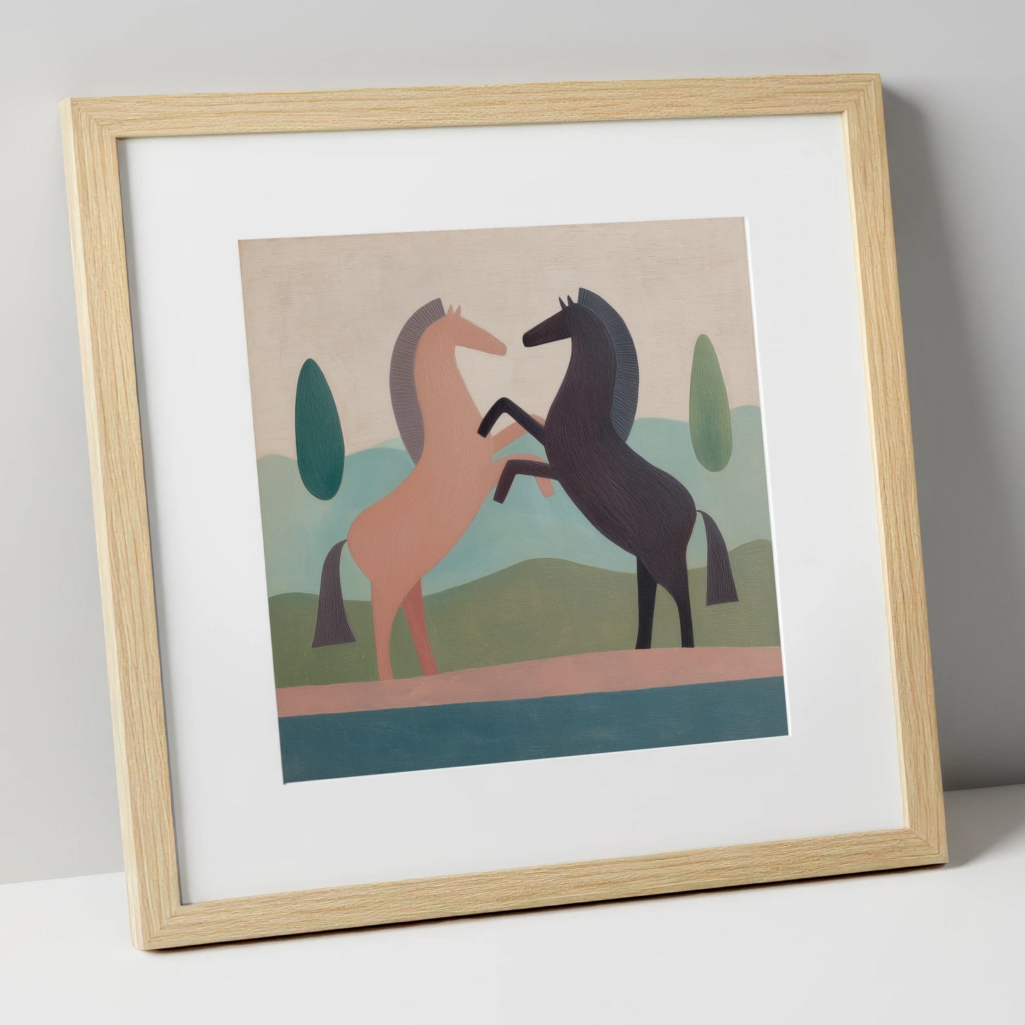 Earthy Equine Harmony wild horses art print in natural frame
