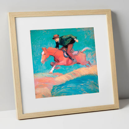The Bold Leap show jumping horse art print in natural frame