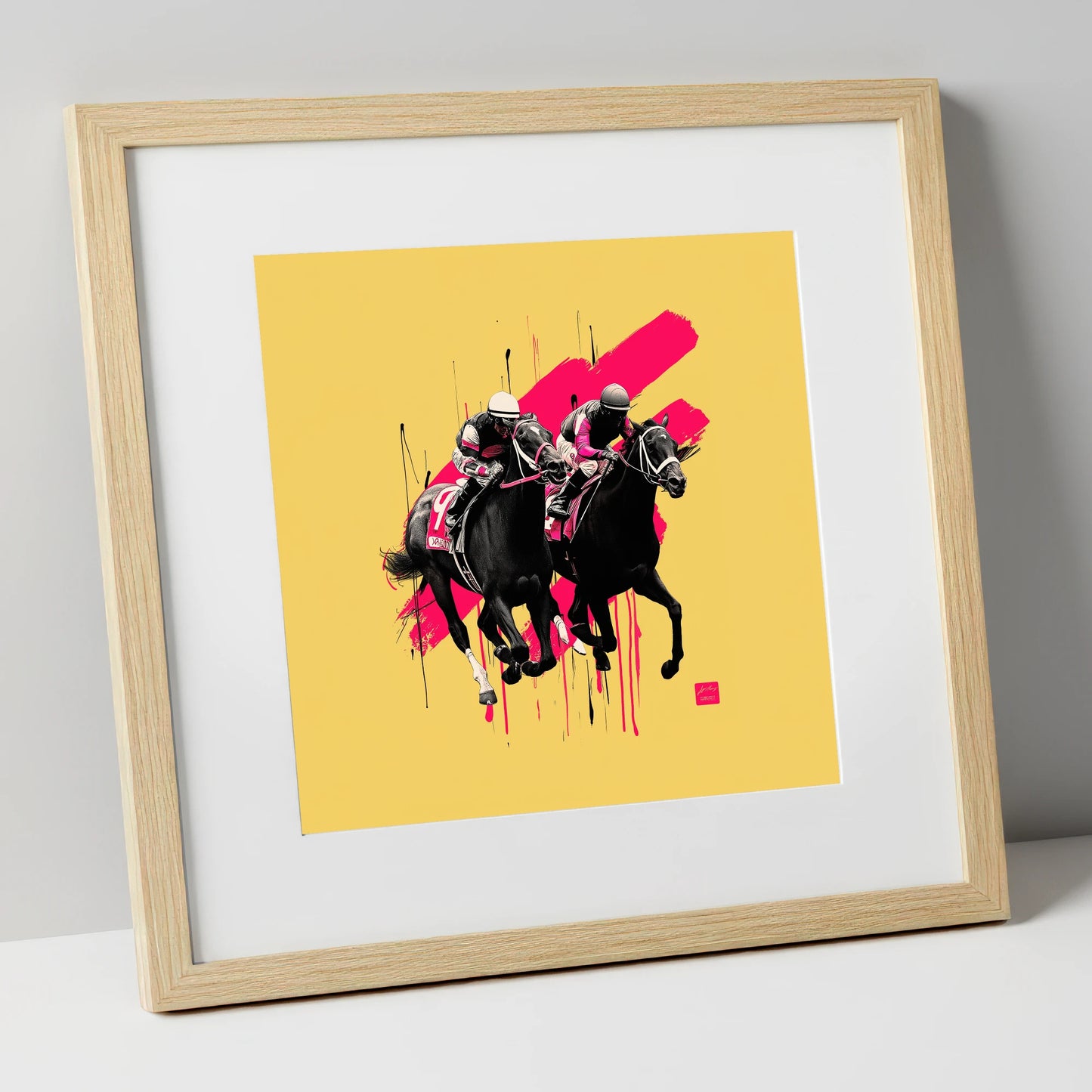 High Stakes Sprint racing horse art print in natural frame