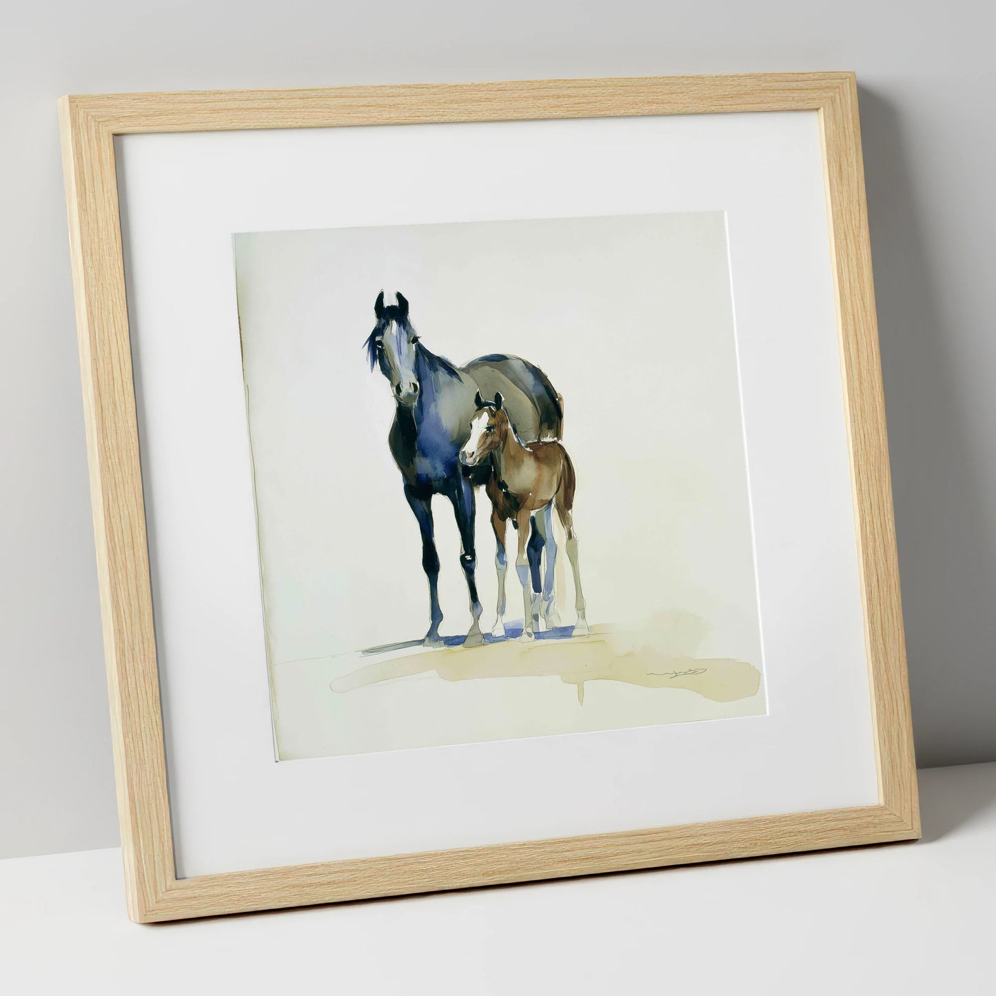 Watchful Bond mare & foal art print in natural frame