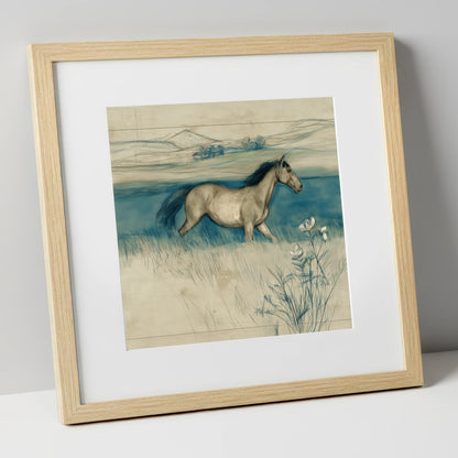 Teal Horizon Canter horse landscape art print in natural frame