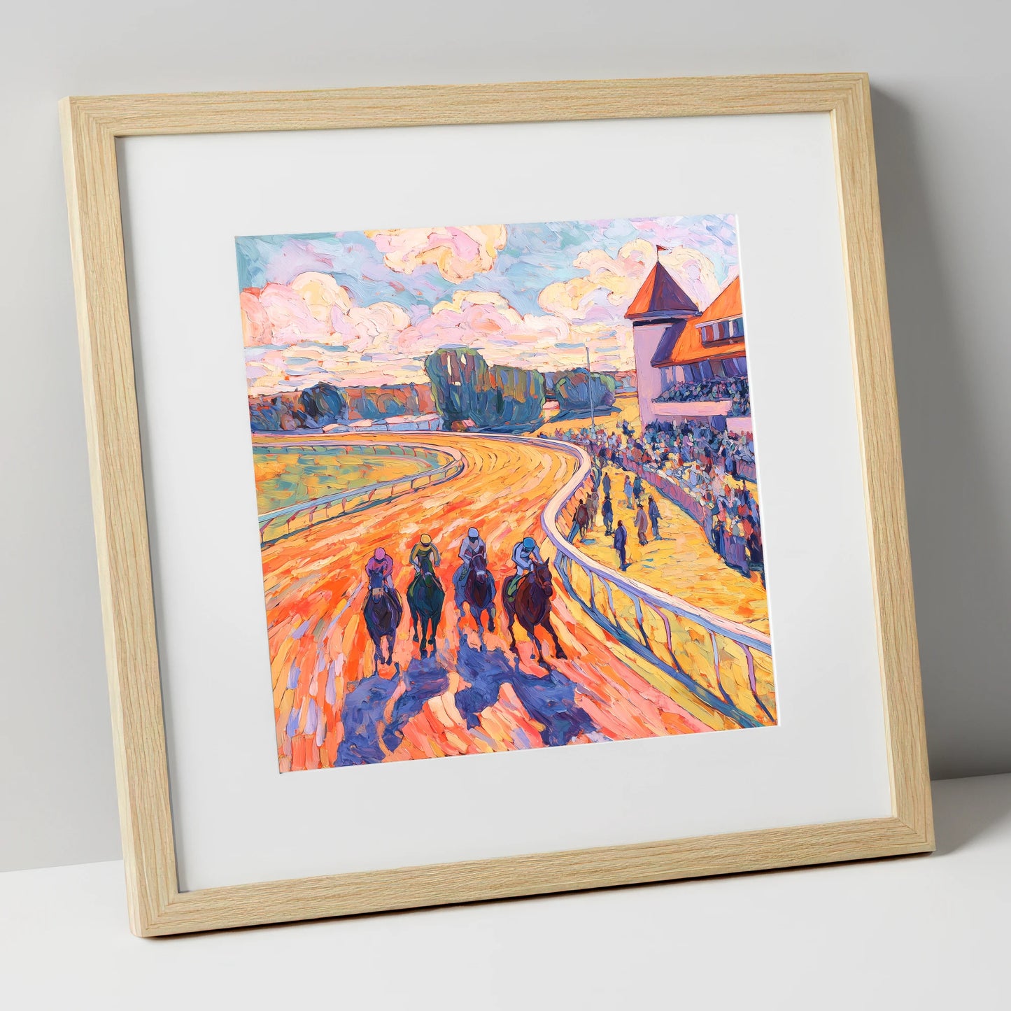 Colours of the Home Straight racing horse art print in natural frame