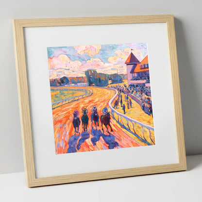 Colours of the Home Straight racing horse art print in natural frame