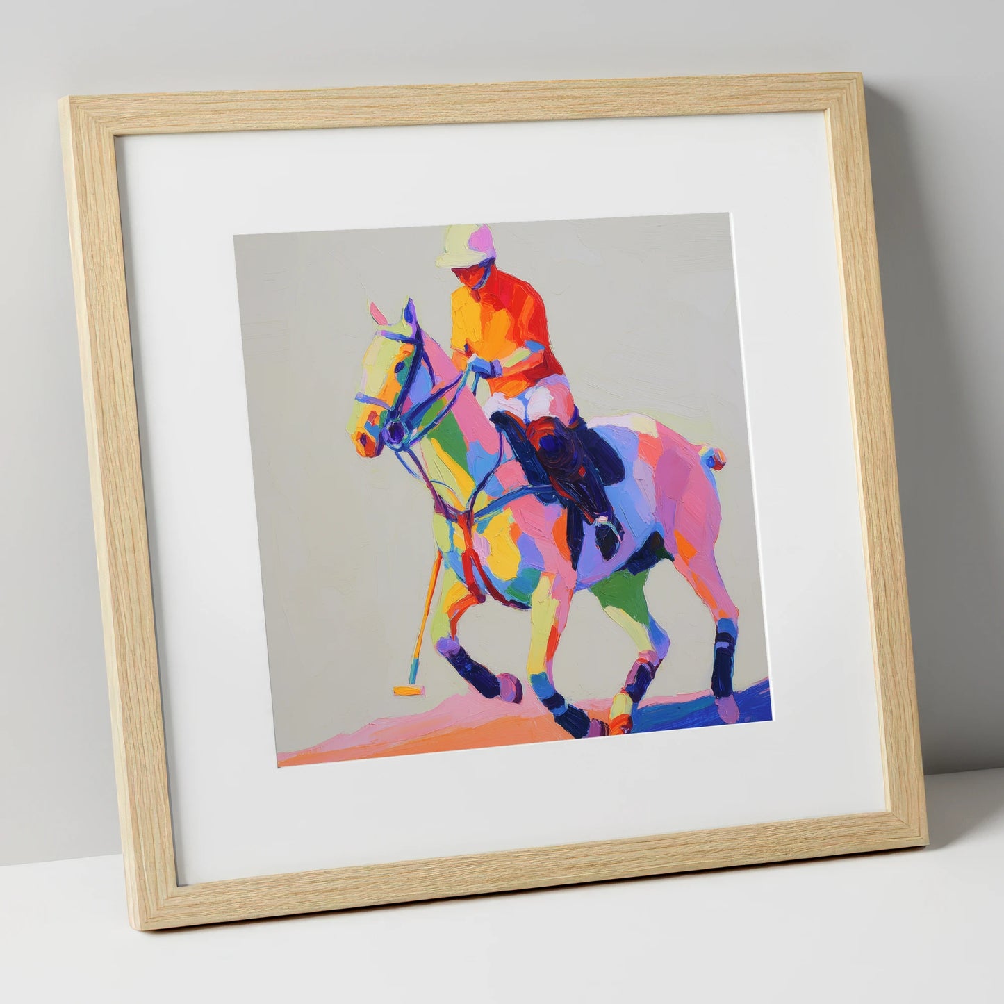 Vibrant Polo Pace polo horse art print in natural frame