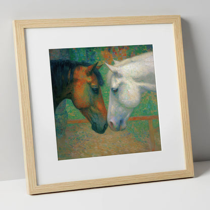 Quiet Companions horse portrait art print in natural frame